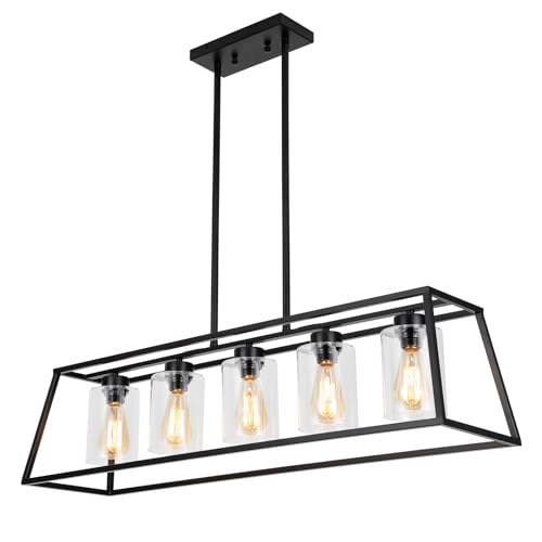 Kitchen Island Lightingr 5_Light Black Chandeliers for Dining Room Light Fixtures Over Table Rectangle Island Lights for Kitchen with Cylinder Clear GlassChandelier for Kitchen