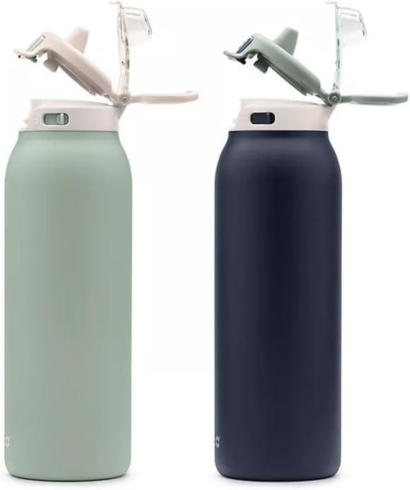 Ello Pop & Fill 32oz. 2-Pack Stainless Steel Water Bottle with QuickFill Technology, Eucalyptus/Sea Glass