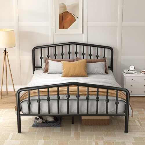 14 Inch Classic Metal Platform Bed Frame Mattress Foundation with Victorian Style Iron-Art Headboard and Footboard/Under Bed Storage/No Box Spring Needed/Queen Size Black