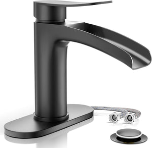 Phiestina Matte Black Single Hole Waterfall Bathroom Sink Faucet Single Handle, with 6-Inch Deck Plate & Metal Pop Up Drain Assembly, NS-SF01-MB