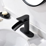 Phiestina Matte Black Single Hole Waterfall Bathroom Sink Faucet Single Handle, with 6-Inch Deck Plate & Metal Pop Up Drain Assembly, NS-SF01-MB