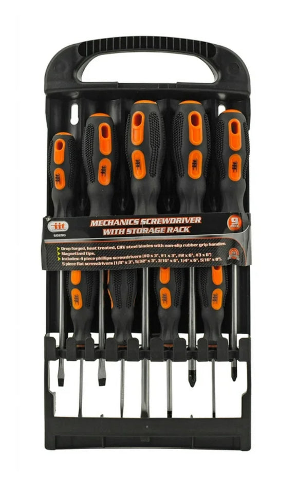 IIT-9 Piece Mechanics Flat and Phillips Head Screwdriver Set with Storage Rack