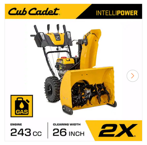 Cub Cadet
2X 26 in. 243cc IntelliPower Two-Stage Electric Start Gas Snow Blower with Power Steering and Steel Chute