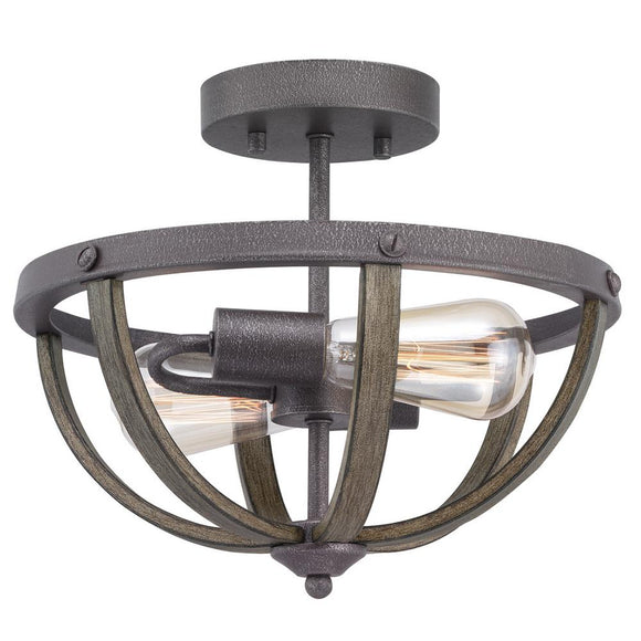 Keowee 13 in. 2-Light Artisan Iron Semi-Flush Mount with Elm Wood Accents