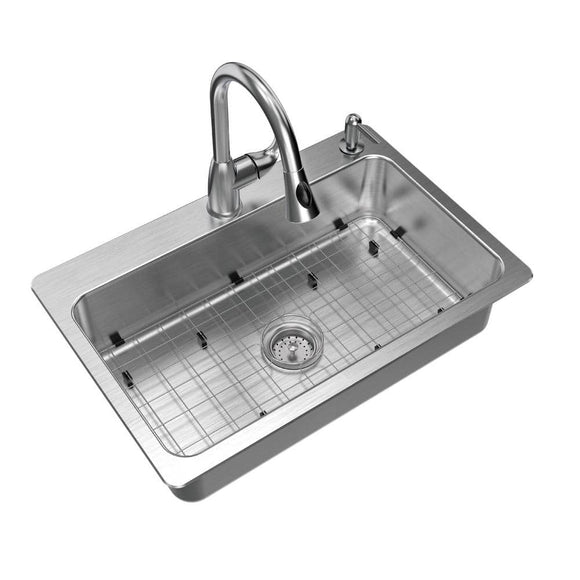 All-in-One Stainless Steel 33 in. 2-Hole Single Bowl Dual Mount Kitchen Sink in Brushed Finish with Faucet