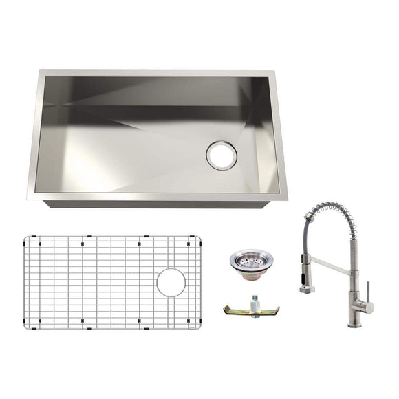 All-in-One Zero Radius Undermount 16G Stainless Steel 32 in. Single Bowl Kitchen Sink, Offset Drain, Spring Neck Faucet