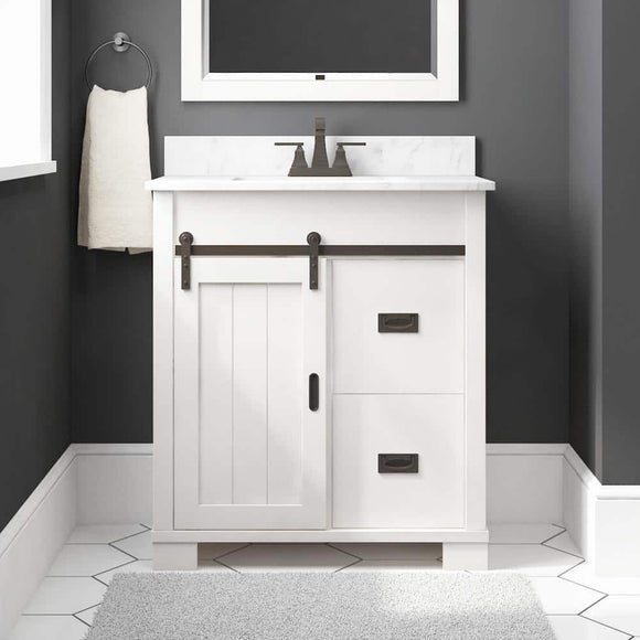 Brindley 30 in. W x 20 in. D x 35 in. H Single Sink Freestanding Bath Vanity in White with White Engineered Stone Top