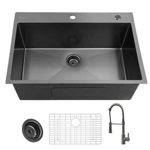 33 in. Drop-In Single Bowl 18 Gauge Gunmetal Black Stainless Steel Kitchen Sink with Black Spring Neck Faucet