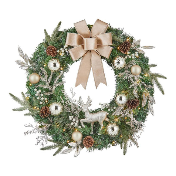 Home Accents Holiday 30 in. Elegant Meadow Battery Operated Mixed Pine LED Pre-Lit Artificial Wreath with Timer