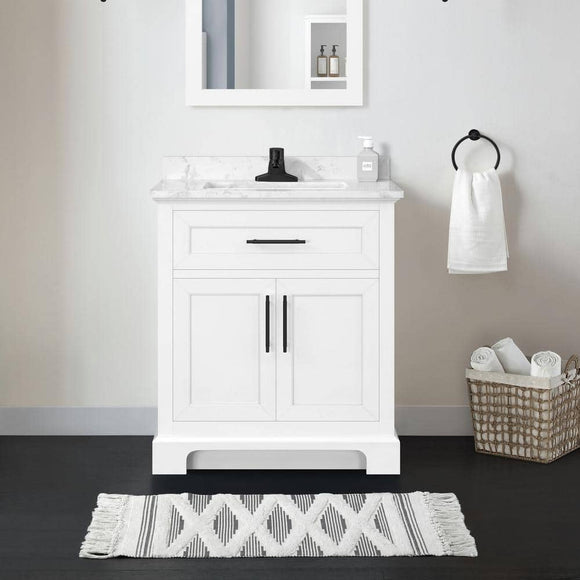 Doveton 30 in. W x 19 in. D x 34.50 in. H Single Sink Bath Vanity in White with White Cultured Marble Top and Mirror