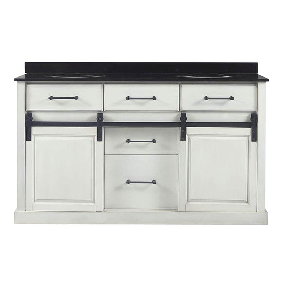 Merceza 60 in. W x 22 in. D Barn Door Vanity in Antique White with Granite Vanity Top in Black with White Sink