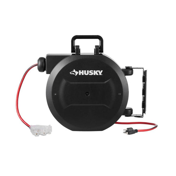 Husky 50 ft. 14/3 Medium Duty 13-Amps Indoor Extension Cord Reel with Multiple Outlet Triple Tap End, Black