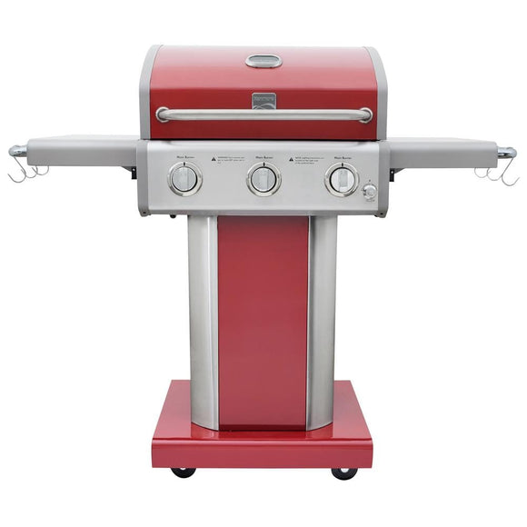 3 Burner Pedestal Propane gas Grill with Foldable Side Shelves in Red