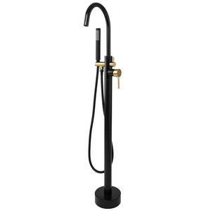 1-Handle Freestanding Floor Mount Tub Faucet Bathtub Filler with Hand Shower in Matte Black and Gold