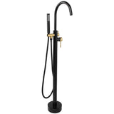 1-Handle Freestanding Floor Mount Tub Faucet Bathtub Filler with Hand Shower in Matte Black and Gold