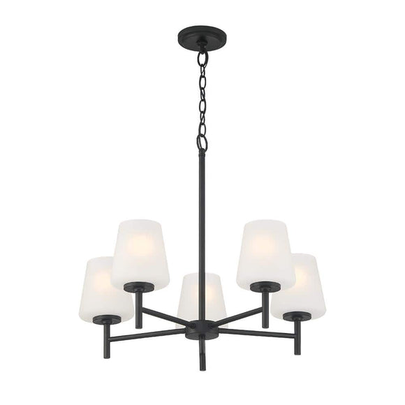 5-Light Matte Black Chandelier with Etched Glass Shades