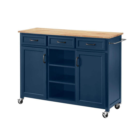 Midnight Blue Kitchen Cart with Butcher Block Top