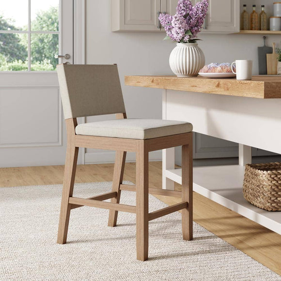 Linus 36 in. Modern Upholstered Counter Height Bar Stool with Back and Solid Wood Wire-Brushed Legs, Natural Flax/Brown