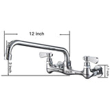 2-Handle Wall Mount Kitchen Faucet With 12 Inch Swivel Spout 8" Center In Polished Chrome