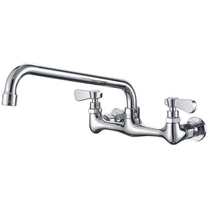 2-Handle Wall Mount Kitchen Faucet With 12 Inch Swivel Spout 8" Center In Polished Chrome