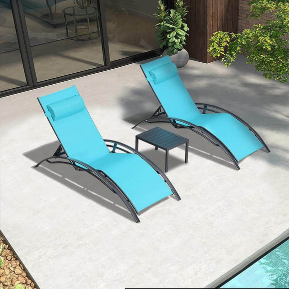 Patio Chaise Lounge Set Stainless Steel Outdoor Beach Pool Sunbathing Lawn Lounger Recliner Chair Side Table Included