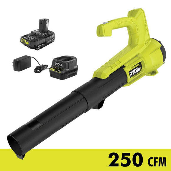 RYOBI ONE+ 18V 90 MPH 250 CFM Cordless Battery Leaf Blower/Sweeper with 2.0 Ah Battery and Charger