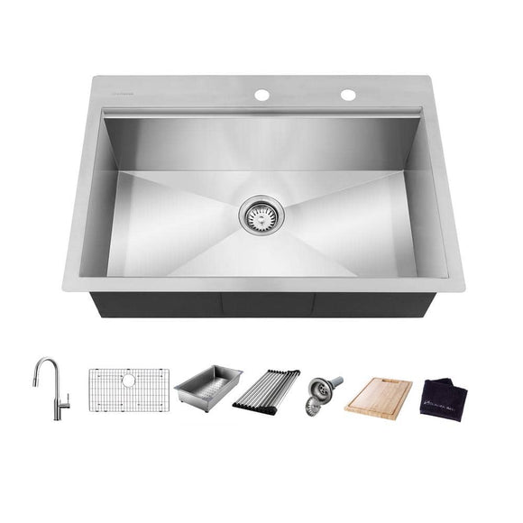 All-in-One Zero Radius Drop-in 18G Stainless Steel 30 in. 2-Hole Single Bowl Workstation Kitchen Sink, Pull-Down Faucet