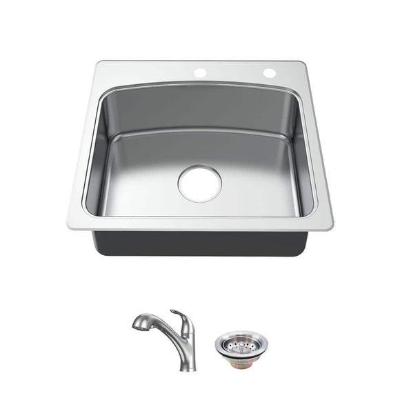 25 in. Drop-In Single Bowl 20 Gauge Stainless Steel Kitchen Sink with Pull-Out Faucet