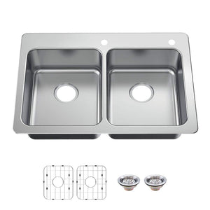 Glacier Bay Bratten 33 in. Drop-In 50/50 Double Bowl 18 Gauge Stainless Steel Kitchen Sink with Accessories