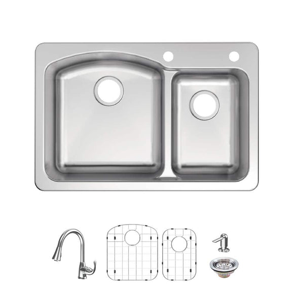 Bratten 33 in. Drop-In 60/40 Double Bowl 18 Gauge Stainless Steel Kitchen Sink with Pull-Down Faucet