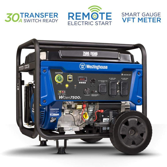 WGen7500c 9,500/7,500-Watt Gas Powered Portable Generator with Remote Start, Transfer Switch Outlet and CO Sensor