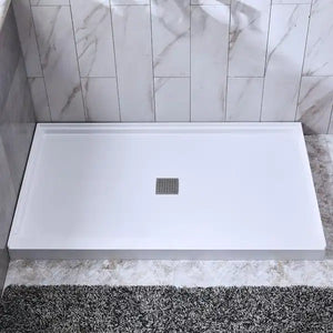 48 in. x 32 in. Solid Surface Single Threshold Center Drain Shower Pan with Stainless Steel Linear Cover in White