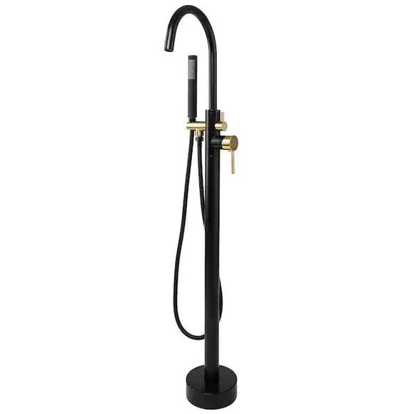 1-Handle Freestanding Floor Mount Tub Faucet Bathtub Filler with Hand Shower in Matte Black and Gold