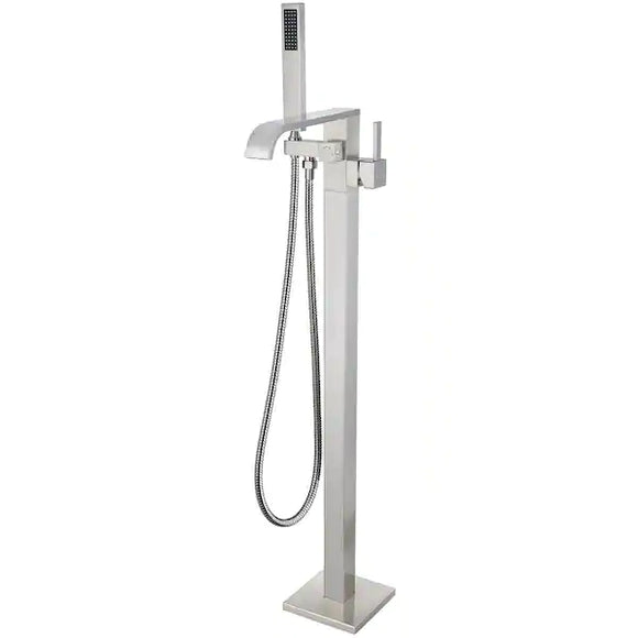 1-Handle Freestanding Floor Mount Tub Faucet Bathtub Filler with Hand Shower in BRUSHED NICKEL